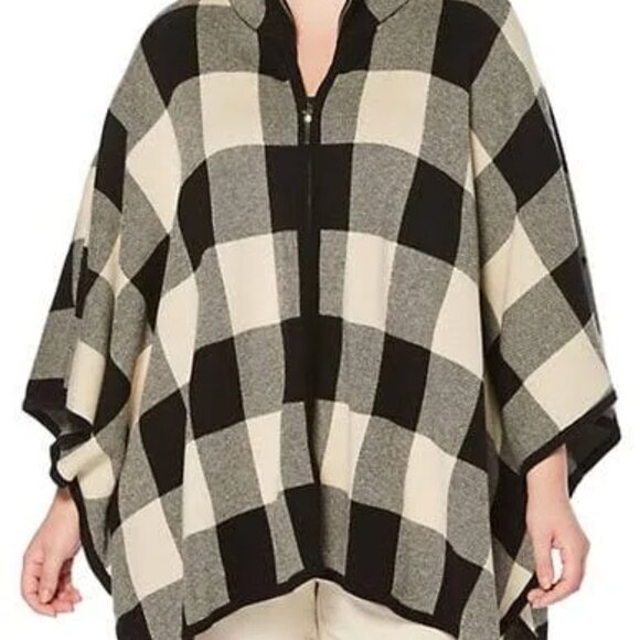 Rafaella Black and Creme Plaid Sweater Poncho Full Zipper Size XL NWOT - Picture 2 of 8